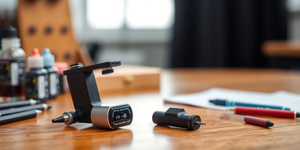 Wireless tattoo machine on a table with art supplies.